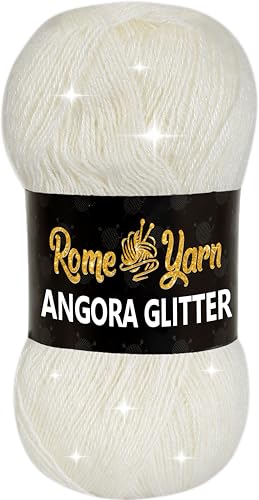 Rome Yarn Angora Glitter Garn | #2 Fine, Sport (USA), 4 ply (UK) | Metallic-Wolle | Glitzerndes Garn zum Stricken und Häkeln Simli Wolle (1 Knäuel, 13 Helles Creme) von Rome Yarn