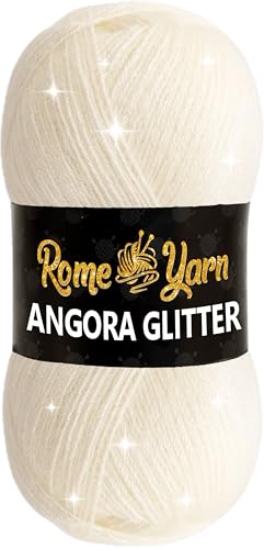 Rome Yarn Angora Glitter Garn | #2 Fine, Sport (USA), 4 ply (UK) | Metallic-Wolle | Glitzerndes Garn zum Stricken und Häkeln Simli Wolle (1 Knäuel, 25 Creme) von Rome Yarn