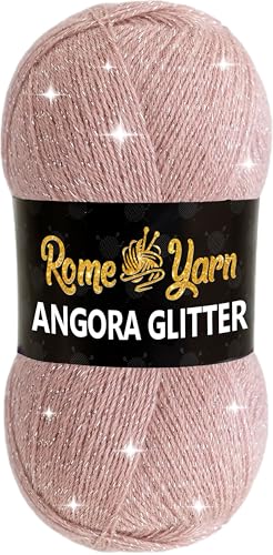 Rome Yarn Angora Glitter Garn | #2 Fine, Sport (USA), 4 ply (UK) | Metallic-Wolle | Glitzerndes Garn zum Stricken und Häkeln Simli Wolle (1 Knäuel, 758 Puderrosa) von Rome Yarn