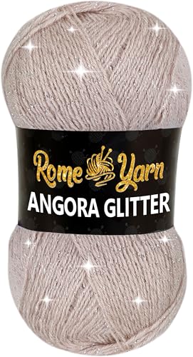 Rome Yarn Angora Glitter Garn | #2 Fine, Sport (USA), 4 ply (UK) | Metallic-Wolle | Glitzerndes Garn zum Stricken und Häkeln Simli Wolle (1 Knäuel, 762 Beige) von Rome Yarn