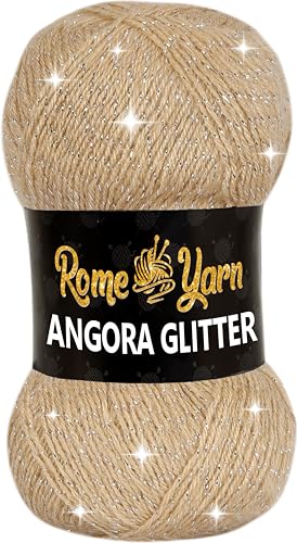 Rome Yarn Angora Glitter Garn | #2 Fine, Sport (USA), 4 ply (UK) | Metallic-Wolle | Glitzerndes Garn zum Stricken und Häkeln Simli Wolle (1 Knäuel, 837 Beige) von Rome Yarn