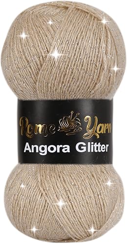 Rome Yarn Angora Glitter Garn | #2 Fine, Sport (USA), 4 ply (UK) | Metallic-Wolle | Glitzerndes Garn zum Stricken und Häkeln Simli Wolle (1 Knäuel, 855 Helles Beige) von Rome Yarn