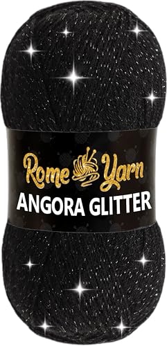 Rome Yarn Angora Glitter Garn | #2 Fine, Sport (USA), 4 ply (UK) | Metallic-Wolle | Glitzerndes Garn zum Stricken und Häkeln Simli Wolle (1 Knäuel, 940 Schwarz) von Rome Yarn