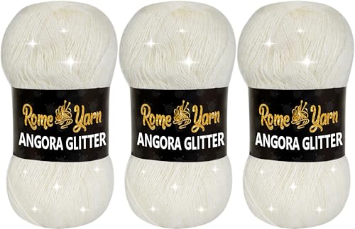 Rome Yarn Angora Glitter Garn | #2 Fine, Sport (USA), 4 ply (UK) | Metallic-Wolle | Glitzerndes Garn zum Stricken und Häkeln Simli Wolle (3 Knäuel, 13 Helles Creme) von Rome Yarn