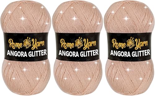 Rome Yarn Angora Glitter Garn | #2 Fine, Sport (USA), 4 ply (UK) | Metallic-Wolle | Glitzerndes Garn zum Stricken und Häkeln Simli Wolle (3 Knäuel, 1873 Hautfarbe) von Rome Yarn