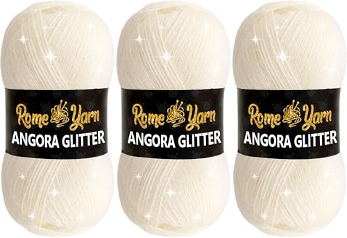 Rome Yarn Angora Glitter Garn | #2 Fine, Sport (USA), 4 ply (UK) | Metallic-Wolle | Glitzerndes Garn zum Stricken und Häkeln Simli Wolle (3 Knäuel, 25 Creme) von Rome Yarn