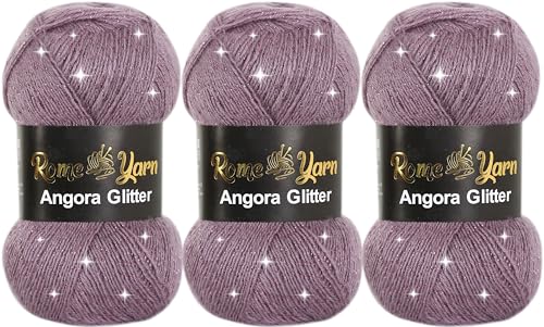 Rome Yarn Angora Glitter Garn | #2 Fine, Sport (USA), 4 ply (UK) | Metallic-Wolle | Glitzerndes Garn zum Stricken und Häkeln Simli Wolle (3 Knäuel, 746 Flieder) von Rome Yarn