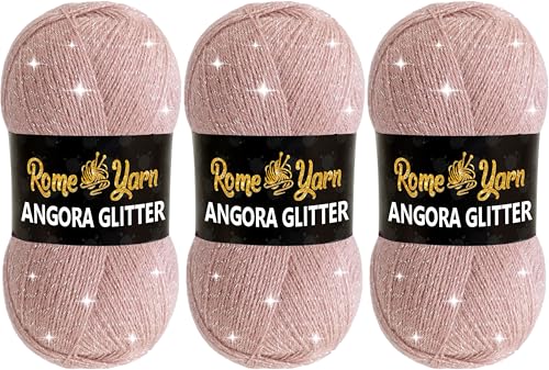 Rome Yarn Angora Glitter Garn | #2 Fine, Sport (USA), 4 ply (UK) | Metallic-Wolle | Glitzerndes Garn zum Stricken und Häkeln Simli Wolle (3 Knäuel, 758 Puderrosa) von Rome Yarn