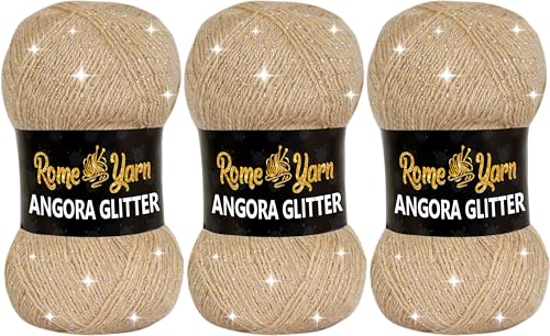 Rome Yarn Angora Glitter Garn | #2 Fine, Sport (USA), 4 ply (UK) | Metallic-Wolle | Glitzerndes Garn zum Stricken und Häkeln Simli Wolle (3 Knäuel, 837 Beige) von Rome Yarn