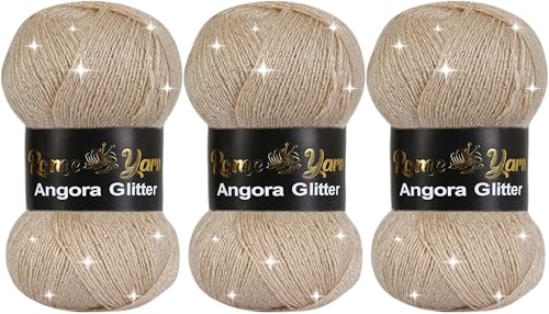 Rome Yarn Angora Glitter Garn | #2 Fine, Sport (USA), 4 ply (UK) | Metallic-Wolle | Glitzerndes Garn zum Stricken und Häkeln Simli Wolle (3 Knäuel, 855 Helles Beige) von Rome Yarn