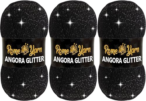 Rome Yarn Angora Glitter Garn | #2 Fine, Sport (USA), 4 ply (UK) | Metallic-Wolle | Glitzerndes Garn zum Stricken und Häkeln Simli Wolle (3 Knäuel, 940 Schwarz) von Rome Yarn