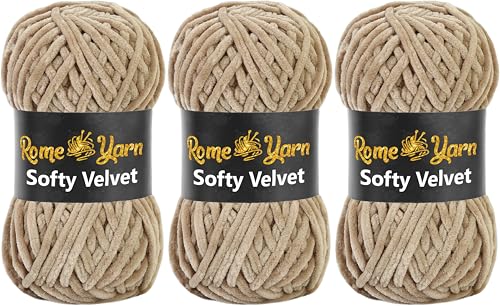 Rome Yarn Softy Velvet Wolle 100g - 120m | Samtgarn Chunky Chenillewolle Babywolle Amigurumi Super Bulky Garn zum Häkeln und Strickwolle (952 Beige) von Rome Yarn