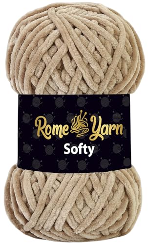 Rome Yarn Softy Velvet Wolle 100g - 120m | Samtgarn Chunky Chenillewolle Babywolle Amigurumi Super Bulky Garn zum Häkeln und Strickwolle (952 Beige) von Rome Yarn