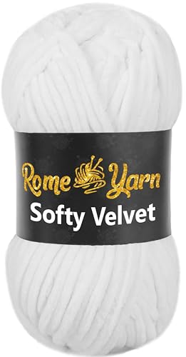 Rome Yarn Softy Velvet Wolle 100g - 120m | Samtgarn Chunky Chenillewolle Babywolle Amigurumi Super Bulky Garn zum Häkeln und Strickwolle Flauschgarn Velvet Garn (1 Knäuel, 901 Weiß) von Rome Yarn