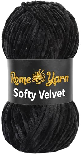 Rome Yarn Softy Velvet Wolle 100g - 120m | Samtgarn Chunky Chenillewolle Babywolle Amigurumi Super Bulky Garn zum Häkeln und Strickwolle Flauschgarn Velvet Garn (1 Knäuel, 902 Schwarz) von Rome Yarn