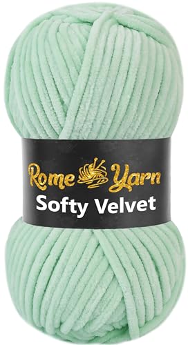 Rome Yarn Softy Velvet Wolle 100g - 120m | Samtgarn Chunky Chenillewolle Babywolle Amigurumi Super Bulky Garn zum Häkeln und Strickwolle Flauschgarn Velvet Garn (1 Knäuel, 903 Mintgrün) von Rome Yarn