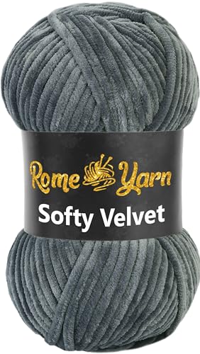 Rome Yarn Softy Velvet Wolle 100g - 120m | Samtgarn Chunky Chenillewolle Babywolle Amigurumi Super Bulky Garn zum Häkeln und Strickwolle Flauschgarn Velvet Garn (1 Knäuel, 905 Dunkelgrau) von Rome Yarn