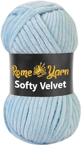 Rome Yarn Softy Velvet Wolle 100g - 120m | Samtgarn Chunky Chenillewolle Babywolle Amigurumi Super Bulky Garn zum Häkeln und Strickwolle Flauschgarn Velvet Garn (1 Knäuel, 907 Hellblau) von Rome Yarn