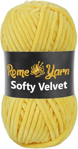 Rome Yarn Softy Velvet Wolle 100g - 120m | Samtgarn Chunky Chenillewolle Babywolle Amigurumi Super Bulky Garn zum Häkeln und Strickwolle Flauschgarn Velvet Garn (1 Knäuel, 909 Gelb) von Rome Yarn