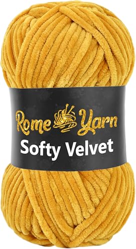 Rome Yarn Softy Velvet Wolle 100g - 120m | Samtgarn Chunky Chenillewolle Babywolle Amigurumi Super Bulky Garn zum Häkeln und Strickwolle Flauschgarn Velvet Garn (1 Knäuel, 916 Senfgelb) von Rome Yarn