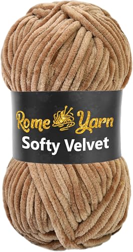 Rome Yarn Softy Velvet Wolle 100g - 120m | Samtgarn Chunky Chenillewolle Babywolle Amigurumi Super Bulky Garn zum Häkeln und Strickwolle Flauschgarn Velvet Garn (1 Knäuel, 922 Cremekaffee) von Rome Yarn