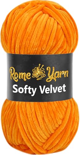 Rome Yarn Softy Velvet Wolle 100g - 120m | Samtgarn Chunky Chenillewolle Babywolle Amigurumi Super Bulky Garn zum Häkeln und Strickwolle Flauschgarn Velvet Garn (1 Knäuel, 937 Orange) von Rome Yarn