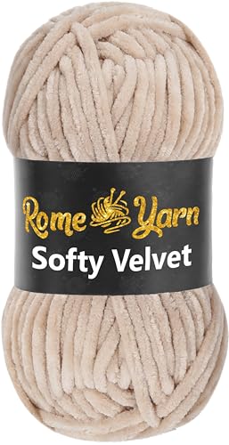 Rome Yarn Softy Velvet Wolle 100g - 120m | Samtgarn Chunky Chenillewolle Babywolle Amigurumi Super Bulky Garn zum Häkeln und Strickwolle Flauschgarn Velvet Garn (1 Knäuel, 943 Hellbeige) von Rome Yarn