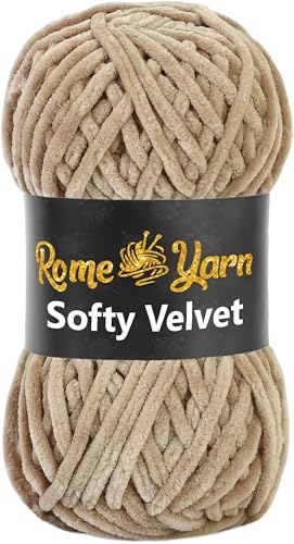 Rome Yarn Softy Velvet Wolle 100g - 120m | Samtgarn Chunky Chenillewolle Babywolle Amigurumi Super Bulky Garn zum Häkeln und Strickwolle Flauschgarn Velvet Garn (1 Knäuel, 952 Beige) von Rome Yarn