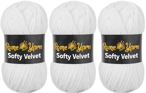 Rome Yarn Softy Velvet Wolle 100g - 120m | Samtgarn Chunky Chenillewolle Babywolle Amigurumi Super Bulky Garn zum Häkeln und Strickwolle Flauschgarn Velvet Garn (3 Knäuel, 901 Weiß) von Rome Yarn