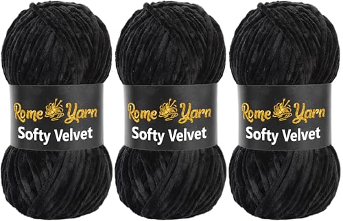 Rome Yarn Softy Velvet Wolle 100g - 120m | Samtgarn Chunky Chenillewolle Babywolle Amigurumi Super Bulky Garn zum Häkeln und Strickwolle Flauschgarn Velvet Garn (3 Knäuel, 902 Schwarz) von Rome Yarn