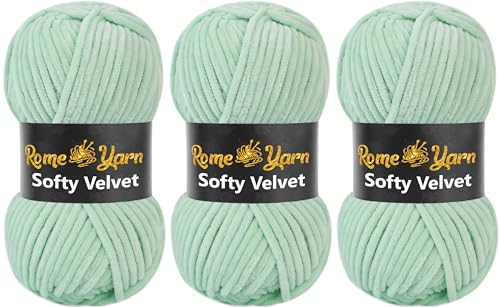 Rome Yarn Softy Velvet Wolle 100g - 120m | Samtgarn Chunky Chenillewolle Babywolle Amigurumi Super Bulky Garn zum Häkeln und Strickwolle Flauschgarn Velvet Garn (3 Knäuel, 903 Mintgrün) von Rome Yarn