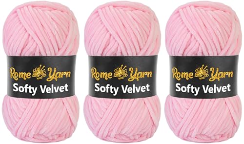 Rome Yarn Softy Velvet Wolle 100g - 120m | Samtgarn Chunky Chenillewolle Babywolle Amigurumi Super Bulky Garn zum Häkeln und Strickwolle Flauschgarn Velvet Garn (3 Knäuel, 904 Rosa) von Rome Yarn