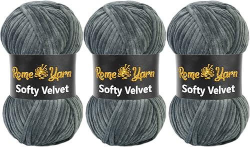 Rome Yarn Softy Velvet Wolle 100g - 120m | Samtgarn Chunky Chenillewolle Babywolle Amigurumi Super Bulky Garn zum Häkeln und Strickwolle Flauschgarn Velvet Garn (3 Knäuel, 905 Dunkelgrau) von Rome Yarn