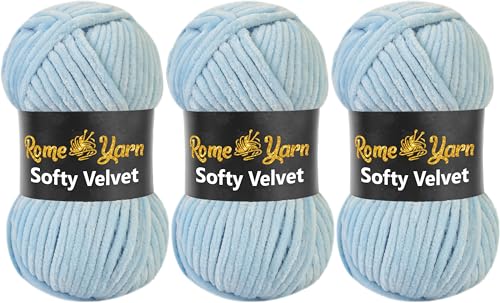 Rome Yarn Softy Velvet Wolle 100g - 120m | Samtgarn Chunky Chenillewolle Babywolle Amigurumi Super Bulky Garn zum Häkeln und Strickwolle Flauschgarn Velvet Garn (3 Knäuel, 907 Hellblau) von Rome Yarn