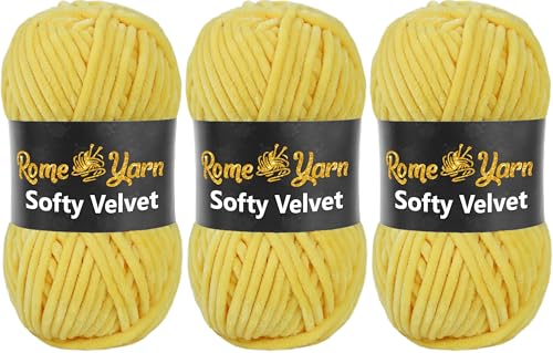 Rome Yarn Softy Velvet Wolle 100g - 120m | Samtgarn Chunky Chenillewolle Babywolle Amigurumi Super Bulky Garn zum Häkeln und Strickwolle Flauschgarn Velvet Garn (3 Knäuel, 909 Gelb) von Rome Yarn