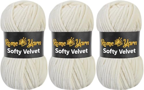 Rome Yarn Softy Velvet Wolle 100g - 120m | Samtgarn Chunky Chenillewolle Babywolle Amigurumi Super Bulky Garn zum Häkeln und Strickwolle Flauschgarn Velvet Garn (3 Knäuel, 910 Creme) von Rome Yarn