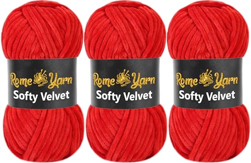 Rome Yarn Softy Velvet Wolle 100g - 120m | Samtgarn Chunky Chenillewolle Babywolle Amigurumi Super Bulky Garn zum Häkeln und Strickwolle Flauschgarn Velvet Garn (3 Knäuel, 911 Rot) von Rome Yarn