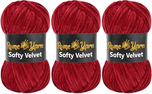 Rome Yarn Softy Velvet Wolle 100g - 120m | Samtgarn Chunky Chenillewolle Babywolle Amigurumi Super Bulky Garn zum Häkeln und Strickwolle Flauschgarn Velvet Garn (3 Knäuel, 912 Burgunderrot) von Rome Yarn