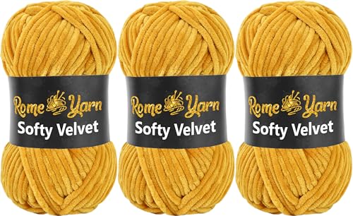 Rome Yarn Softy Velvet Wolle 100g - 120m | Samtgarn Chunky Chenillewolle Babywolle Amigurumi Super Bulky Garn zum Häkeln und Strickwolle Flauschgarn Velvet Garn (3 Knäuel, 916 Senfgelb) von Rome Yarn