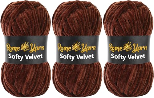 Rome Yarn Softy Velvet Wolle 100g - 120m | Samtgarn Chunky Chenillewolle Babywolle Amigurumi Super Bulky Garn zum Häkeln und Strickwolle Flauschgarn Velvet Garn (3 Knäuel, 920 Dunkelbraun) von Rome Yarn