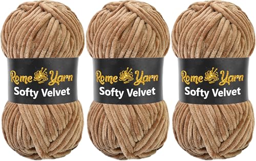 Rome Yarn Softy Velvet Wolle 100g - 120m | Samtgarn Chunky Chenillewolle Babywolle Amigurumi Super Bulky Garn zum Häkeln und Strickwolle Flauschgarn Velvet Garn (3 Knäuel, 922 Cremekaffee) von Rome Yarn