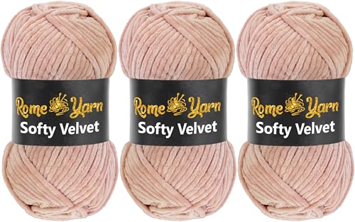 Rome Yarn Softy Velvet Wolle 100g - 120m | Samtgarn Chunky Chenillewolle Babywolle Amigurumi Super Bulky Garn zum Häkeln und Strickwolle Flauschgarn Velvet Garn (3 Knäuel, 924 Schmutziges Rosa) von Rome Yarn