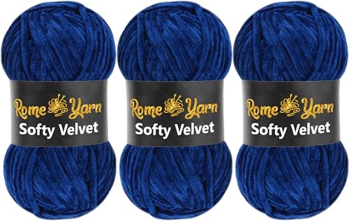 Rome Yarn Softy Velvet Wolle 100g - 120m | Samtgarn Chunky Chenillewolle Babywolle Amigurumi Super Bulky Garn zum Häkeln und Strickwolle Flauschgarn Velvet Garn (3 Knäuel, 926 Hellmarineblau) von Rome Yarn