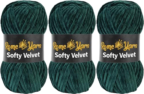 Rome Yarn Softy Velvet Wolle 100g - 120m | Samtgarn Chunky Chenillewolle Babywolle Amigurumi Super Bulky Garn zum Häkeln und Strickwolle Flauschgarn Velvet Garn (3 Knäuel, 928 Dunkelgrün) von Rome Yarn