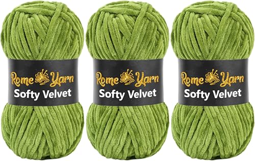 Rome Yarn Softy Velvet Wolle 100g - 120m | Samtgarn Chunky Chenillewolle Babywolle Amigurumi Super Bulky Garn zum Häkeln und Strickwolle Flauschgarn Velvet Garn (3 Knäuel, 932 Grasgrün) von Rome Yarn