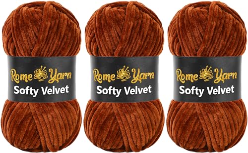 Rome Yarn Softy Velvet Wolle 100g - 120m | Samtgarn Chunky Chenillewolle Babywolle Amigurumi Super Bulky Garn zum Häkeln und Strickwolle Flauschgarn Velvet Garn (3 Knäuel, 934 Kupfer) von Rome Yarn