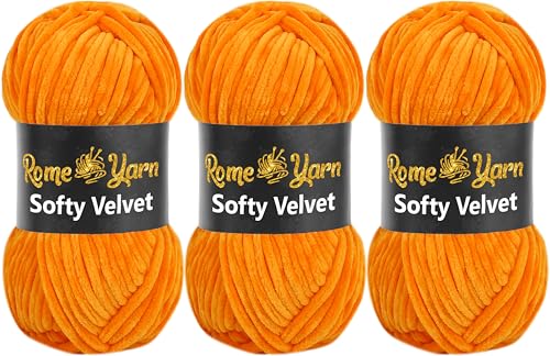 Rome Yarn Softy Velvet Wolle 100g - 120m | Samtgarn Chunky Chenillewolle Babywolle Amigurumi Super Bulky Garn zum Häkeln und Strickwolle Flauschgarn Velvet Garn (3 Knäuel, 937 Orange) von Rome Yarn