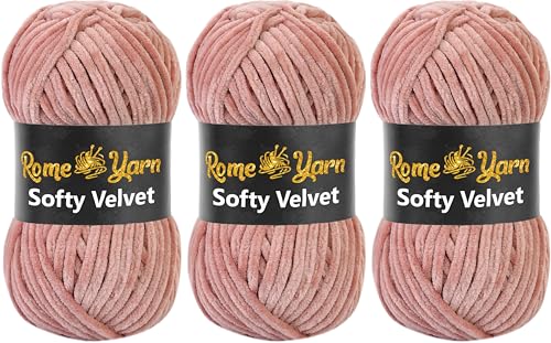 Rome Yarn Softy Velvet Wolle 100g - 120m | Samtgarn Chunky Chenillewolle Babywolle Amigurumi Super Bulky Garn zum Häkeln und Strickwolle Flauschgarn Velvet Garn (3 Knäuel, 939 Dunkelpuder) von Rome Yarn