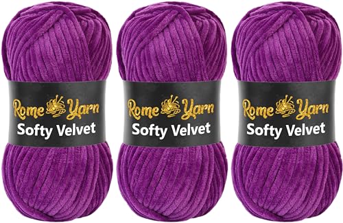 Rome Yarn Softy Velvet Wolle 100g - 120m | Samtgarn Chunky Chenillewolle Babywolle Amigurumi Super Bulky Garn zum Häkeln und Strickwolle Flauschgarn Velvet Garn (3 Knäuel, 940 Lila) von Rome Yarn