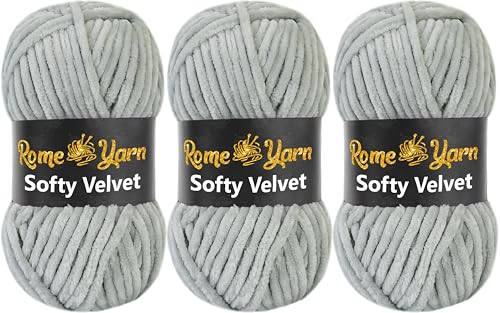 Rome Yarn Softy Velvet Wolle 100g - 120m | Samtgarn Chunky Chenillewolle Babywolle Amigurumi Super Bulky Garn zum Häkeln und Strickwolle Flauschgarn Velvet Garn (3 Knäuel, 942 Bleigrau) von Rome Yarn